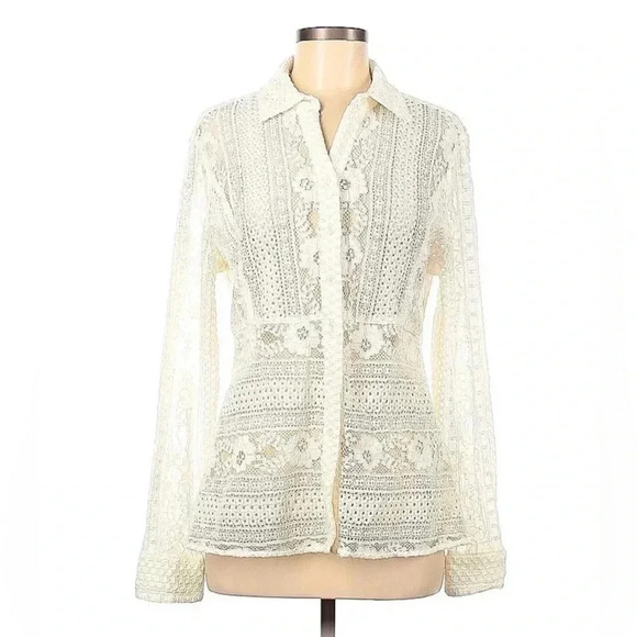 Tommy Hilfiger Ivory Colored Lacey Long Sleeve Button Down Blouse. Fits Like XL - Picture 2 of 9